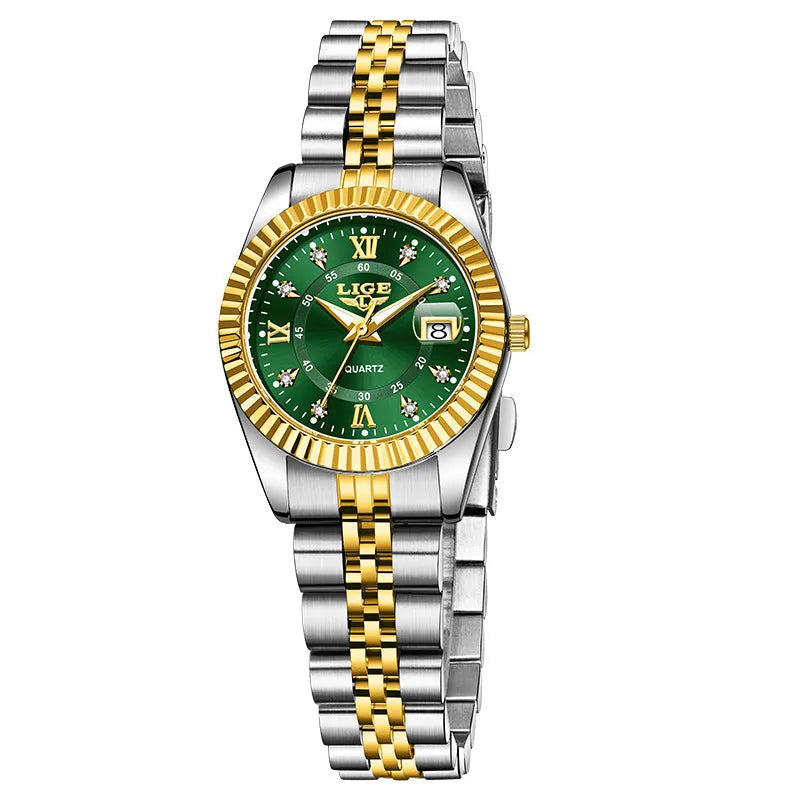 Ladies waterproof quartz fashion watch with 10mm thickness in gold and silver colour options