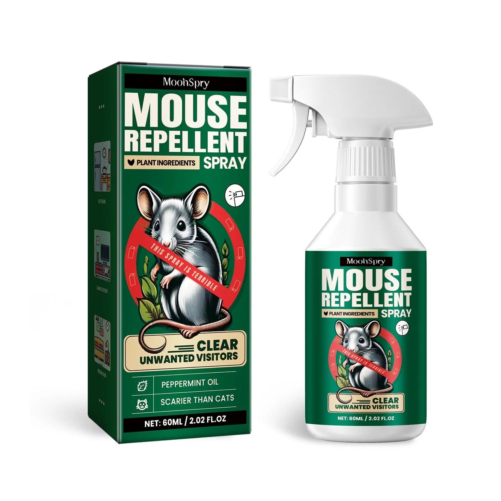 60ml bottle of natural rat repellent spray with clove, peppermint, and camphor oils