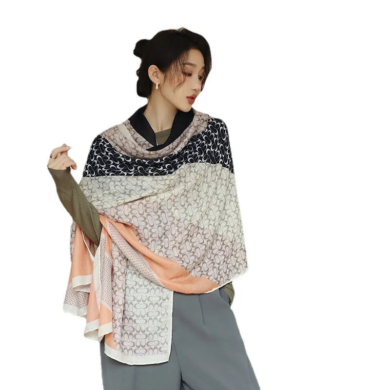 Vintage printed mid-length polyester scarf measuring 180 by 90 centimetres