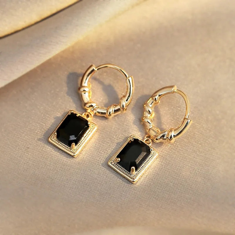 Geometric quadrilateral black zircon French Court drop earrings in E2506 black copper construction