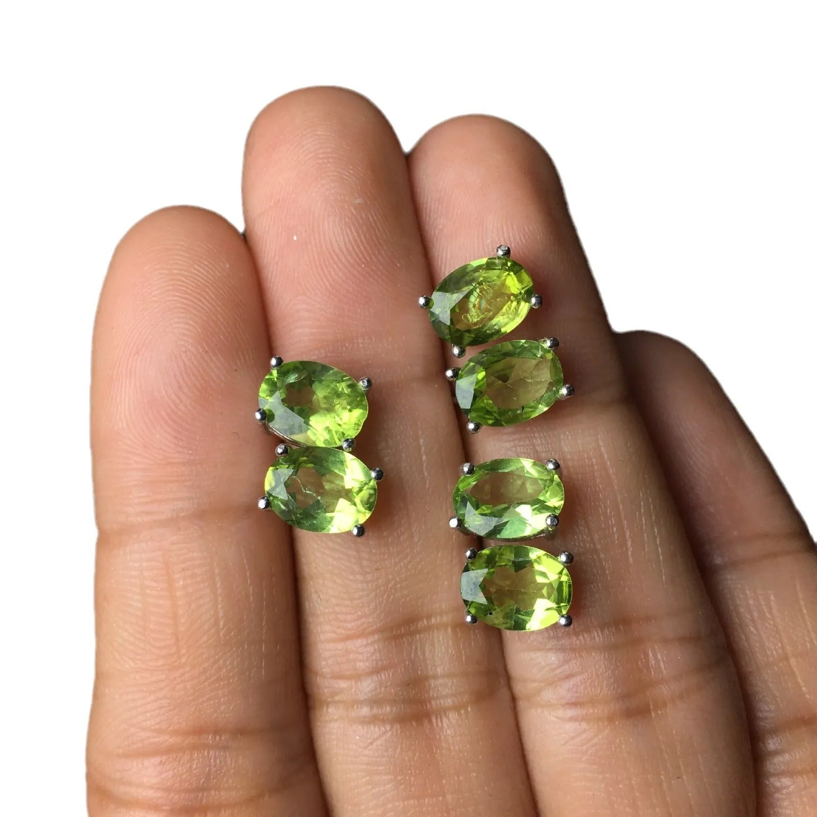 Natural grass green olivine faceted stud earrings in S925 silver, oval stone 6x8mm