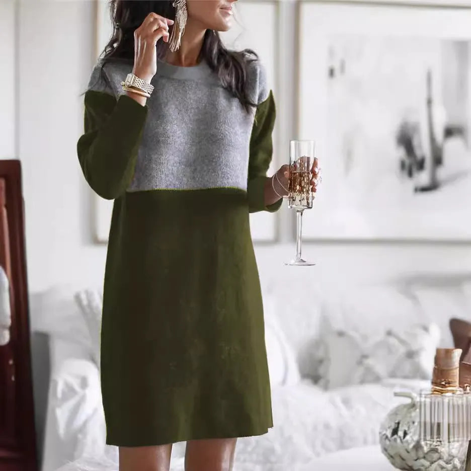 Brown women's polar fleece patchwork dress with loose round neck, long sleeves, and a princess-line skirt.
