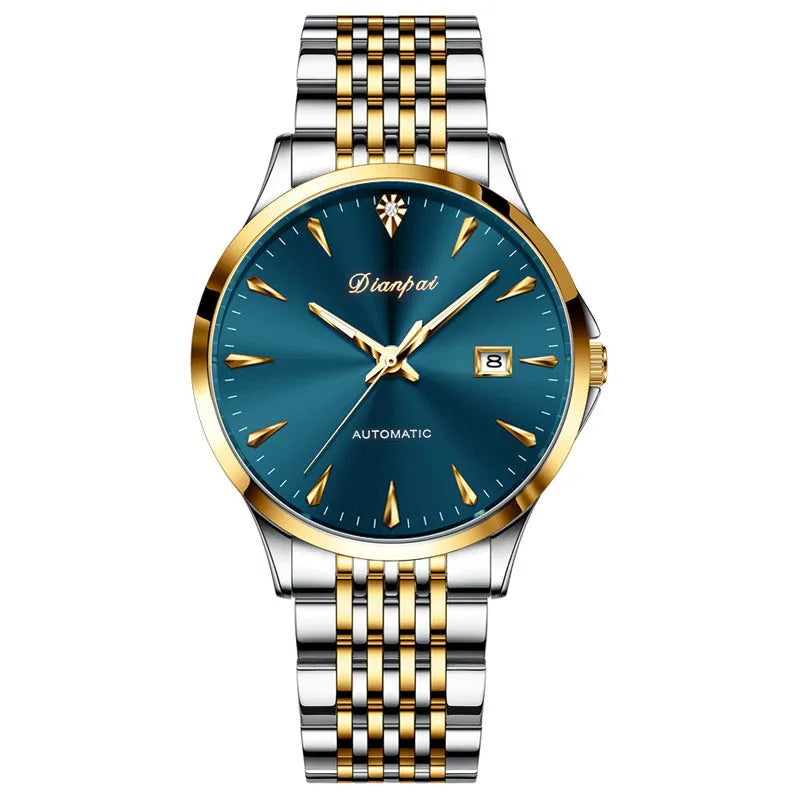 Men's simple dial automatic watch with stainless steel strap and case.