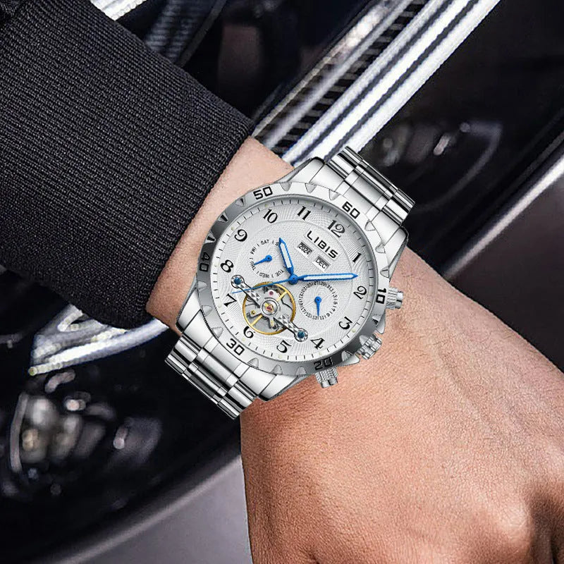 Men's silver steel belt automatic perpetual calendar mechanical watch with business style