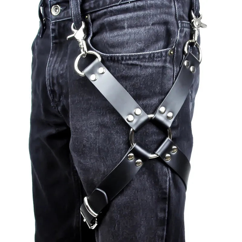 Black leggings with leather accessories and trim detailing in PU leather material