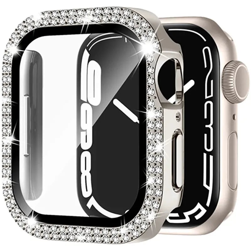 Apple Watch case with double diamond glass in rose pink, gold, silver, transparent, black, Starlight, and rose gold colours.