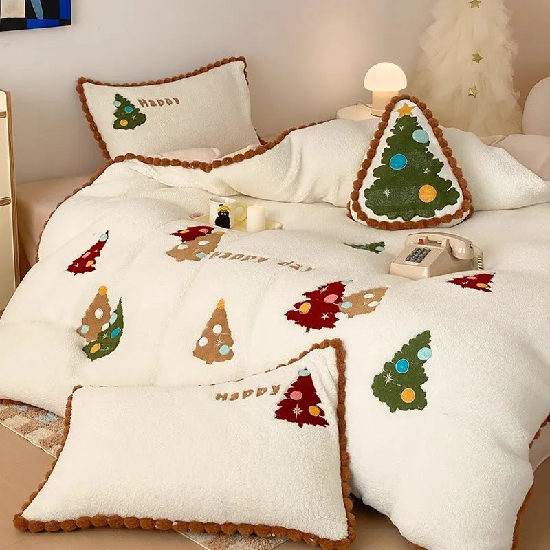 Bright yellow Christmas tree cartoon bedding set with fleece lining on bed
