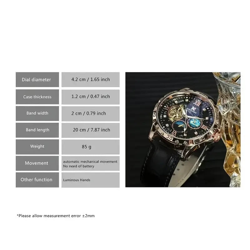 Black automatic mechanical watch with rose gold shell and hollow dial showing movement