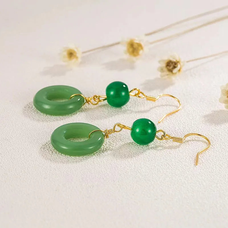 Green Chinese-style geometric peace buckle accessory set with zinc alloy earrings