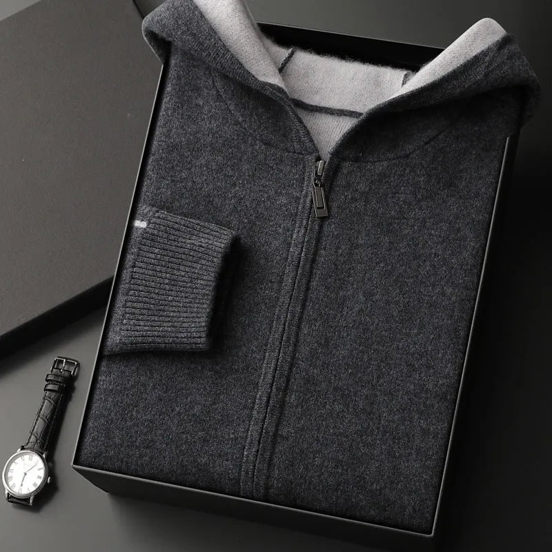 Men's dark blue cashmere cardigan sweater with half-high collar and front zipper