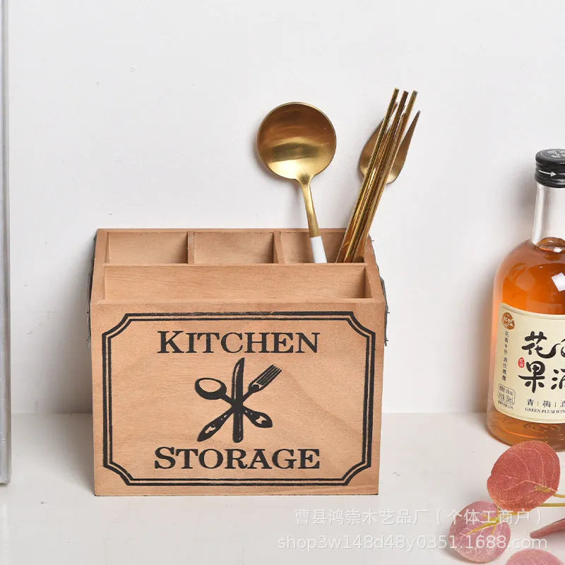Wooden kitchen storage box with grid dividers for knives forks chopsticks