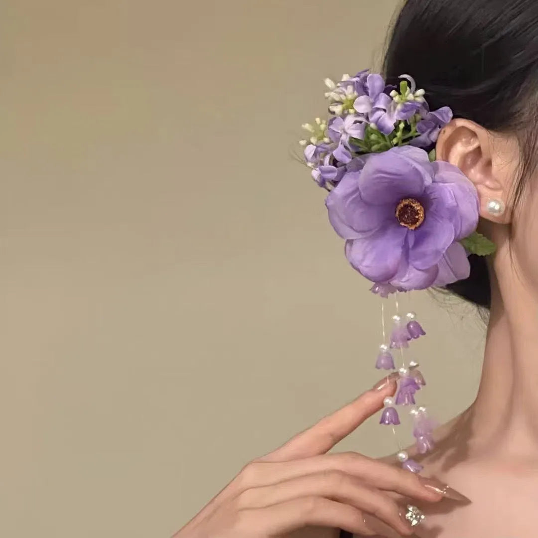 Handmade floral tassel hair clip with pearl detailing in purple or yellow colour option