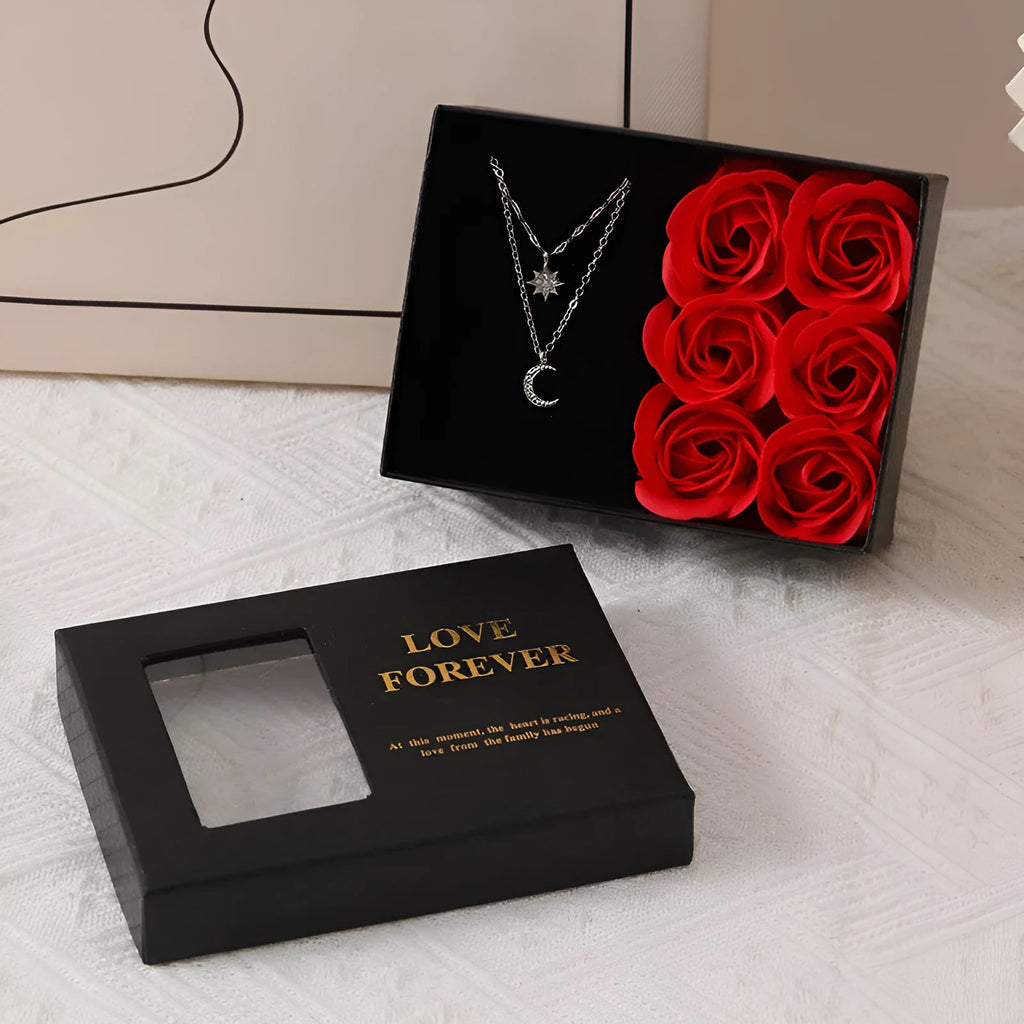 Korean style soap flower gift box set with six roses, presentation handbag, in red, pink, or black.