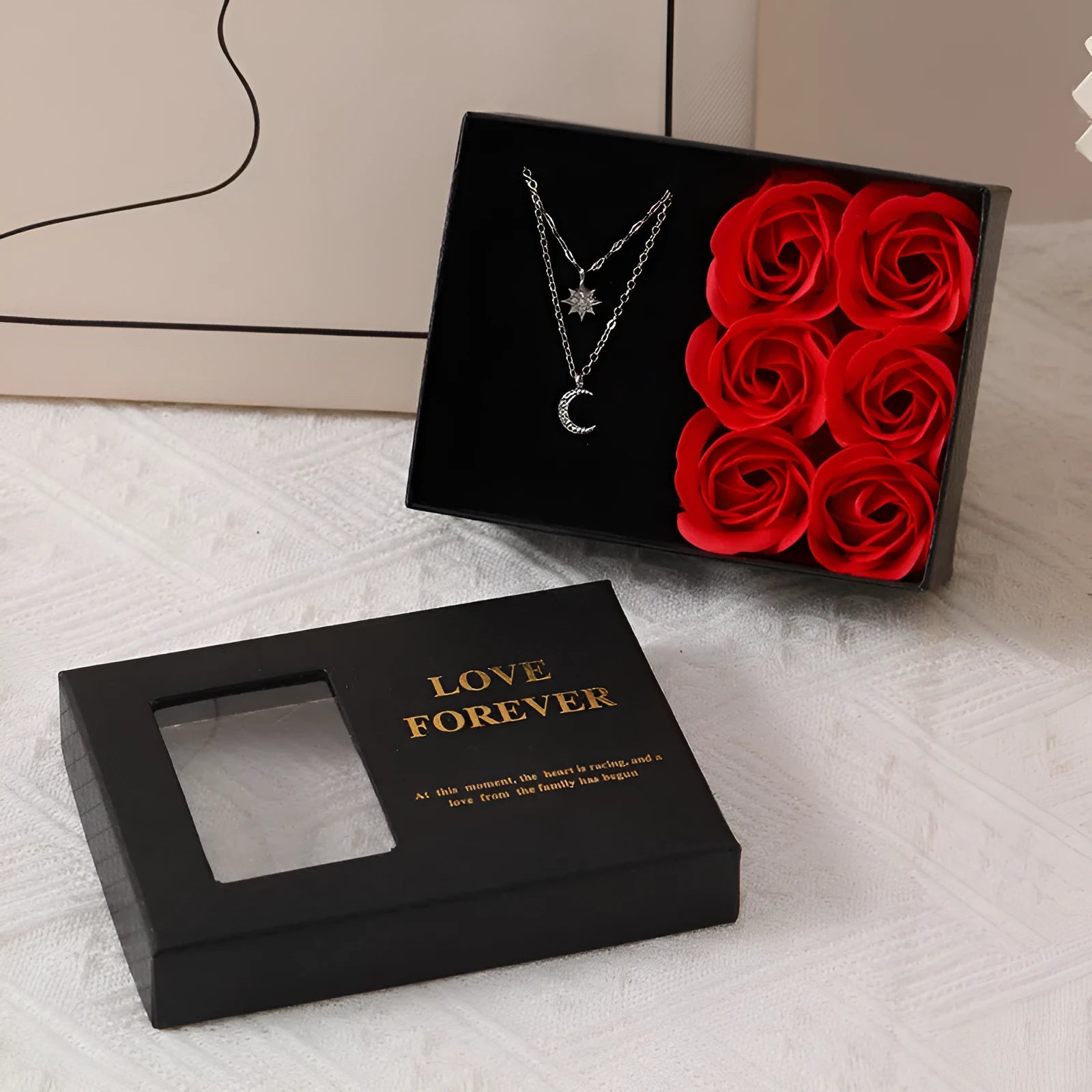 Korean style soap flower gift box set with six roses, presentation handbag, in red, pink, or black.