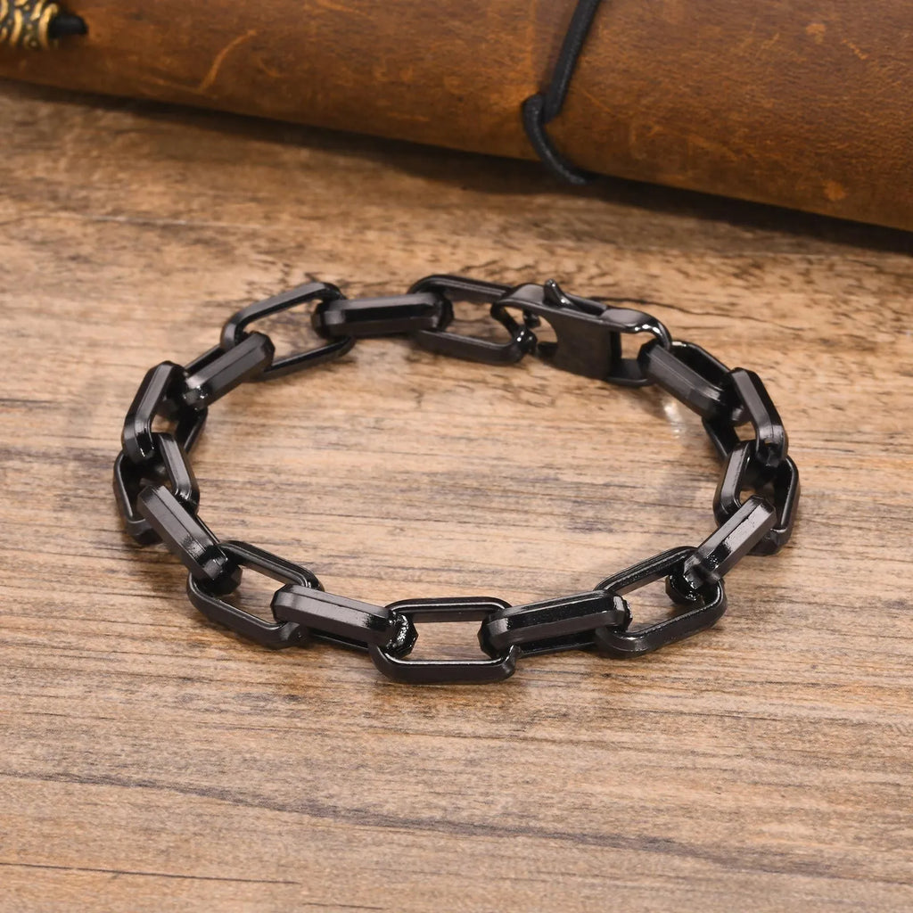 Men's titanium steel square chain bracelet in steel, gold, black, or retro electroplated finishes.