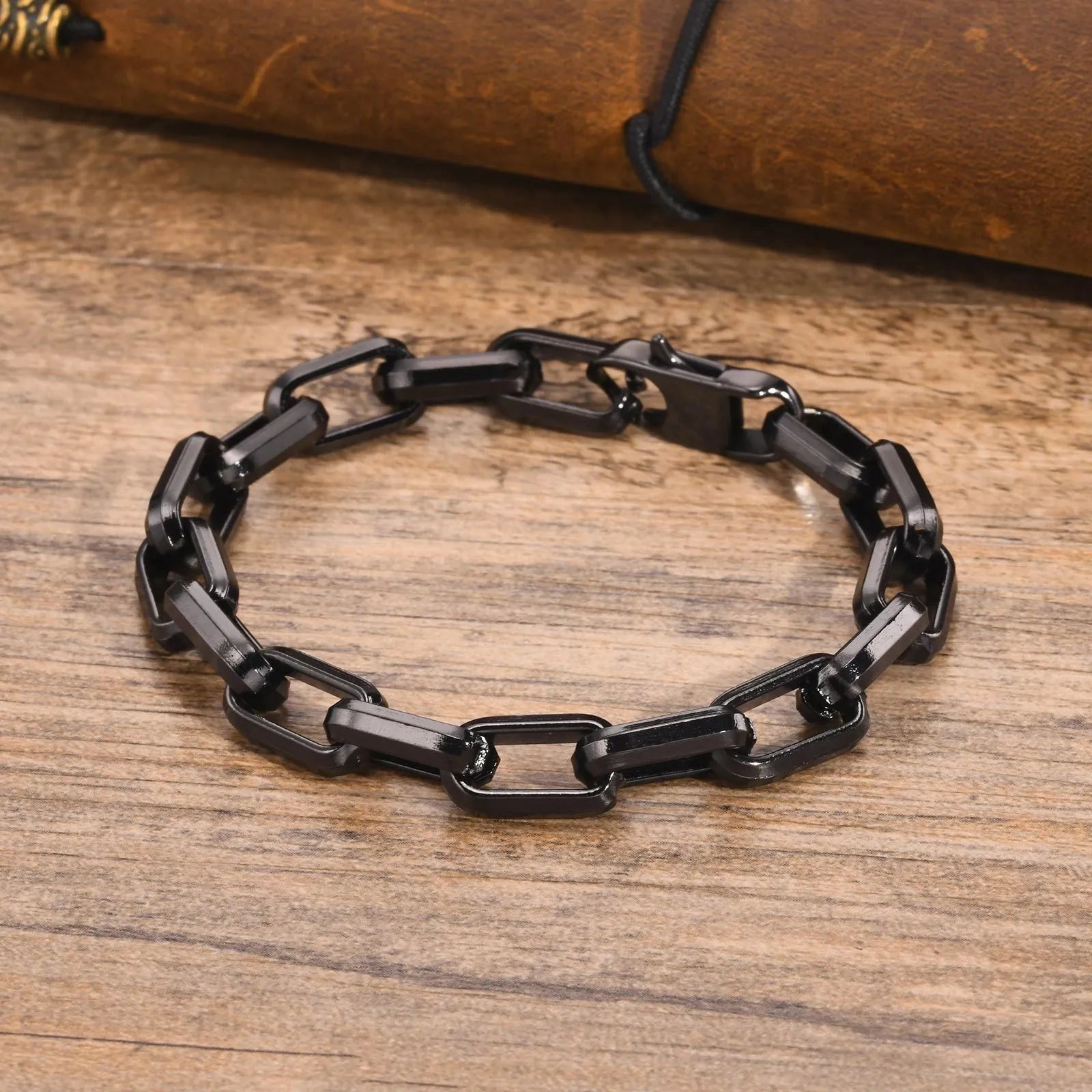 Men's titanium steel square chain bracelet in steel, gold, black, or retro electroplated finishes.
