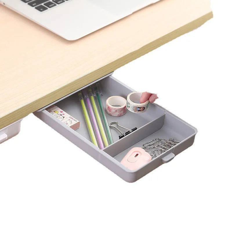 Adhesive plastic storage drawer with lid and internal grid divider for under-desk organisation