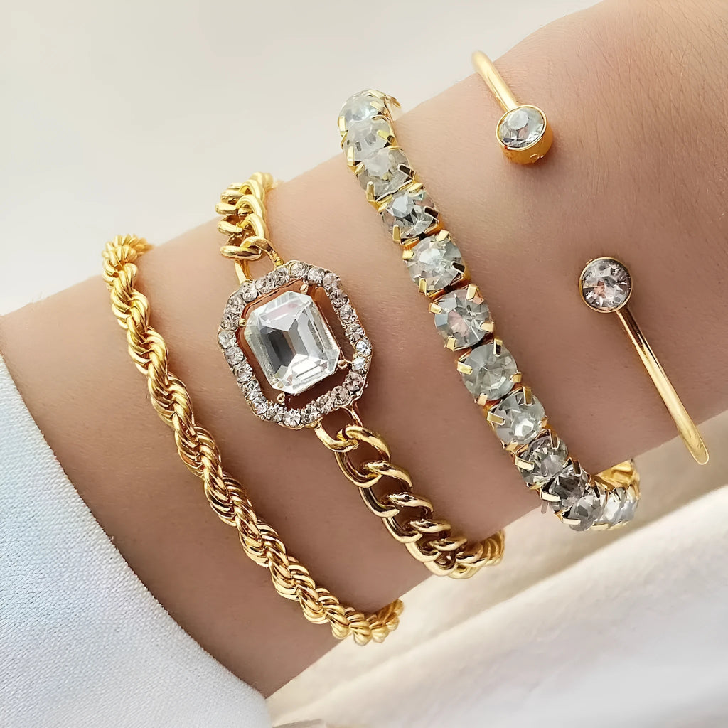 Women's retro geometric metal chain bracelet four-piece set in gold or silver alloy finish