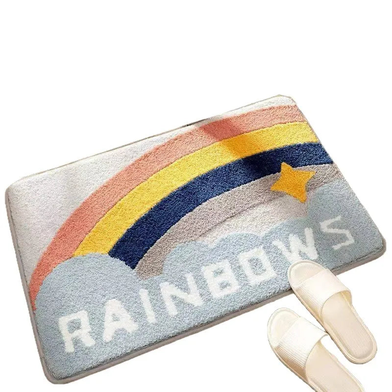 Square polyester fibre floor mat with rainbow pattern, plastic dirt-resistant bottom, in Sky Sea colours