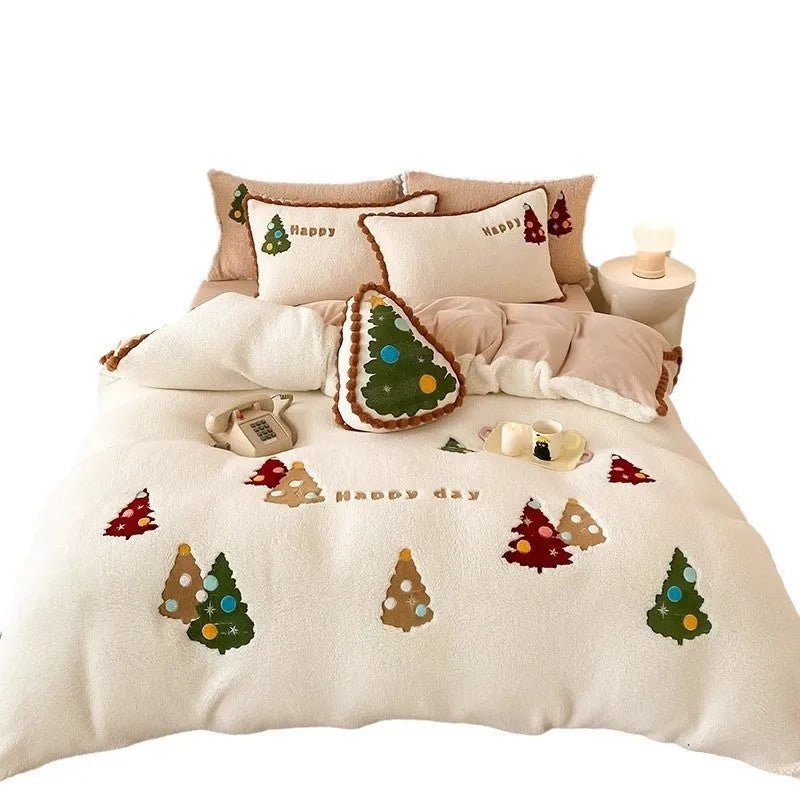 Bright yellow Christmas tree cartoon bedding set with fleece lining on bed