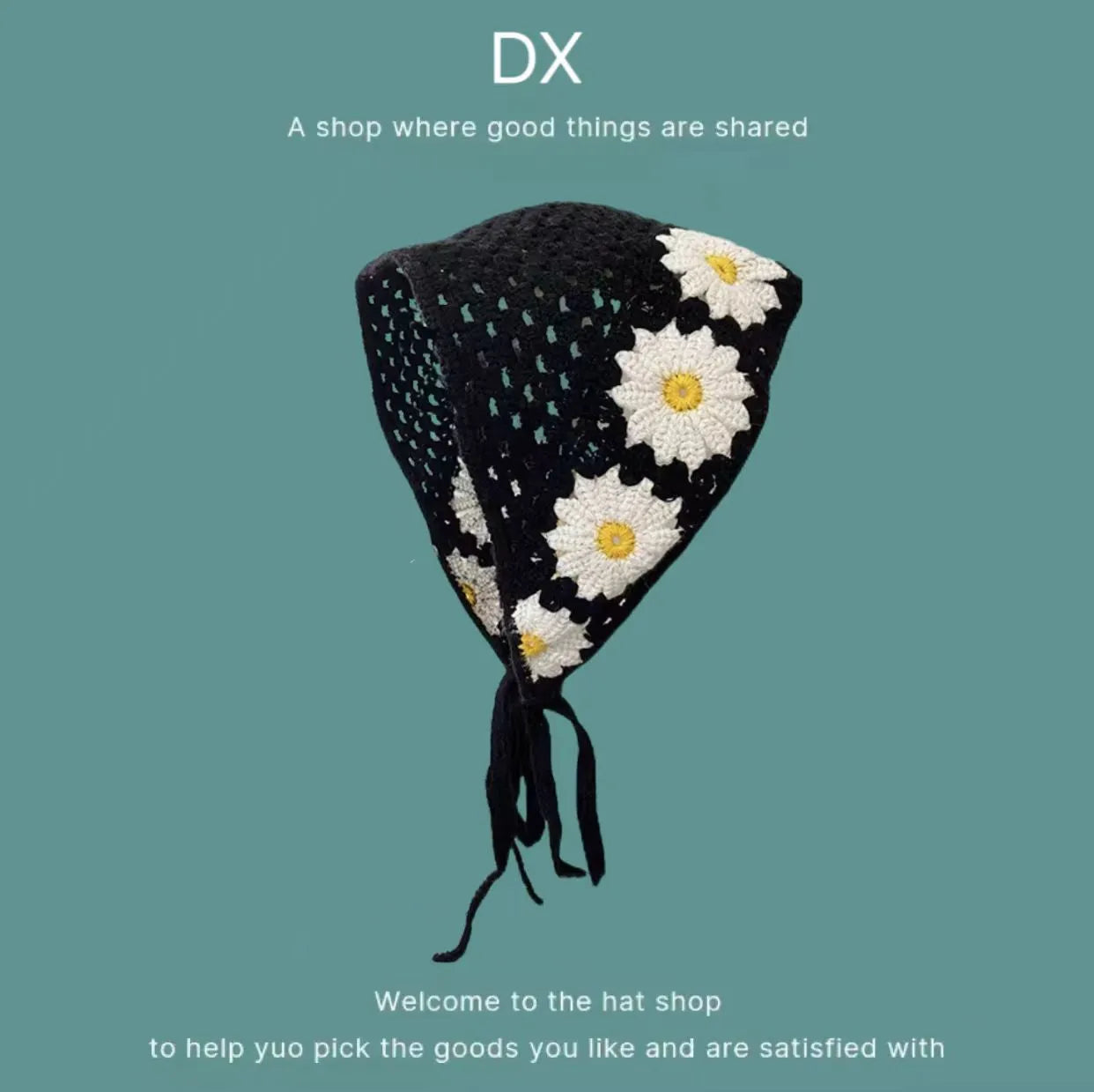 Women's cotton triangle shawl with floral French retro pattern in daisy design colours