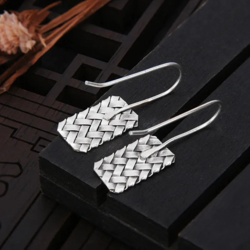 Women's silver woven diamond plaid geometric earrings 17.5mm 925 sterling silver