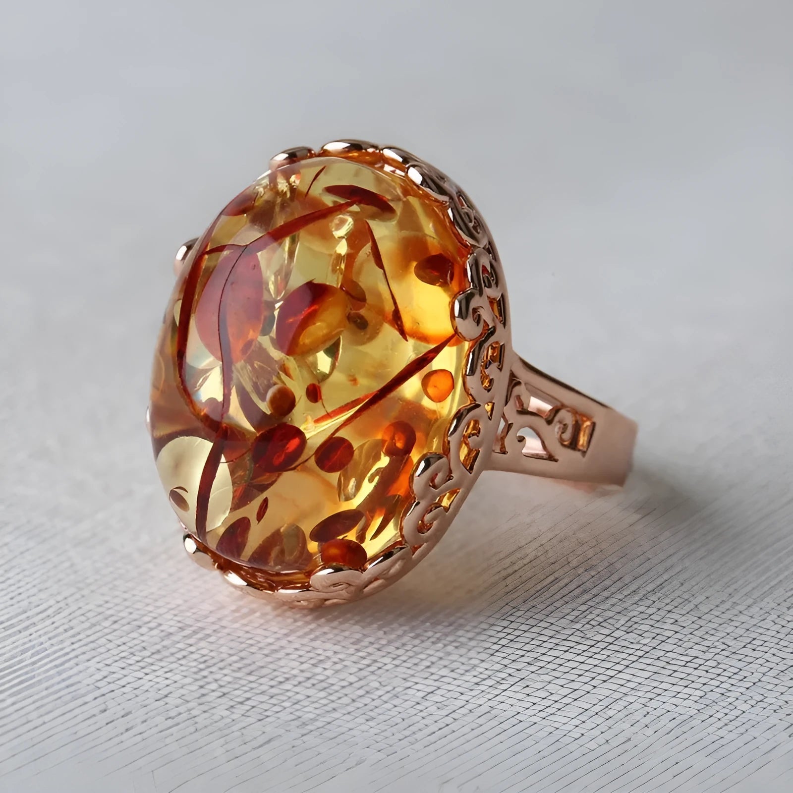 Adjustable beeswax amber ring with ethnic retro design featuring New Amber Type A gemstone on alloy band