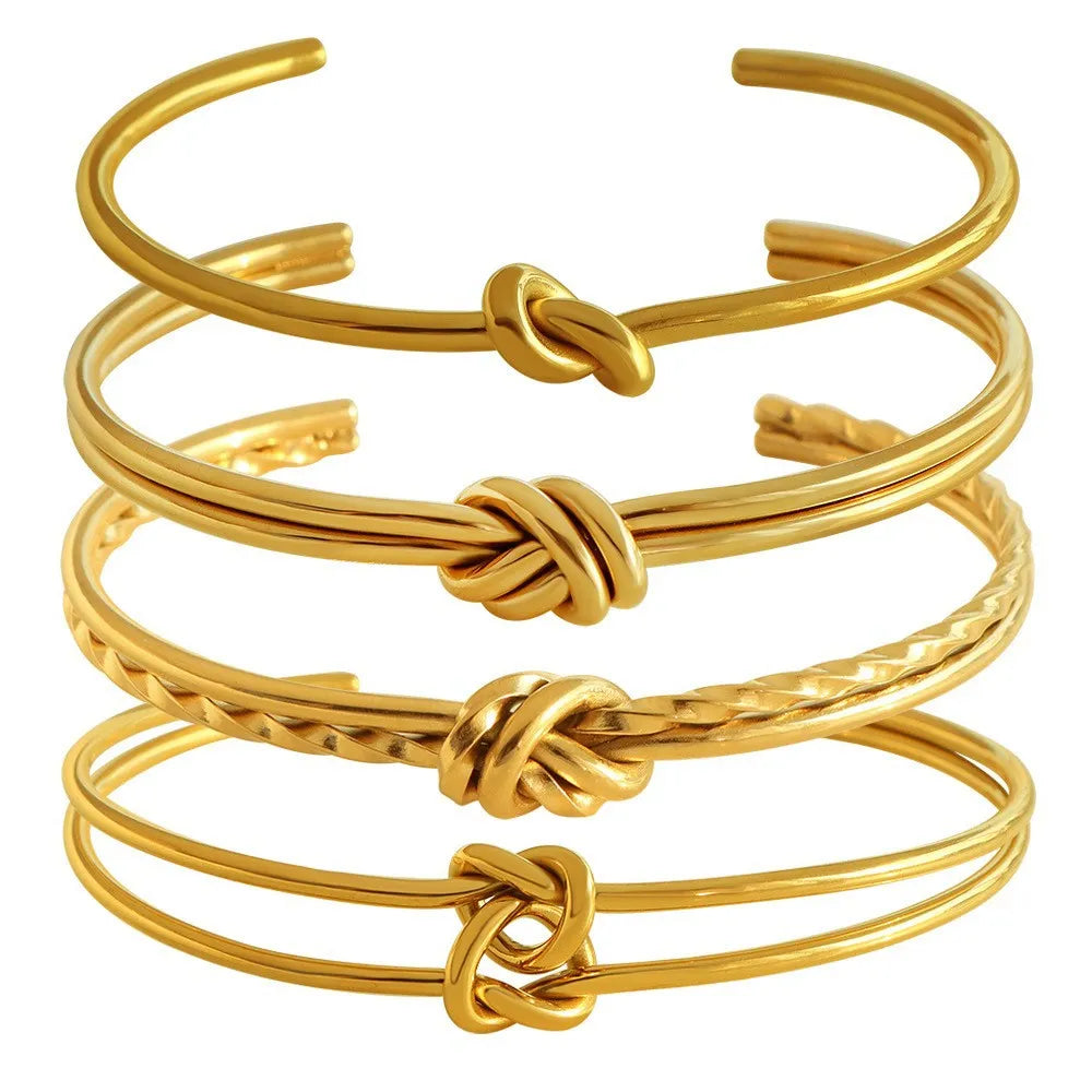 Adjustable stainless steel bracelet with knotted double-layer design in gold plating