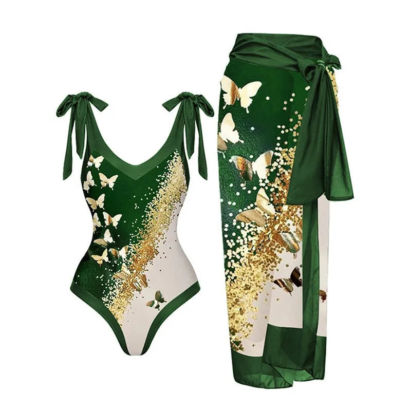 Women's solid colour one-piece swimsuit with spaghetti straps and removable skirt
