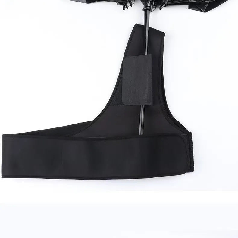 Black diving cloth umbrella holder with shoulder strap shown holding a manual umbrella