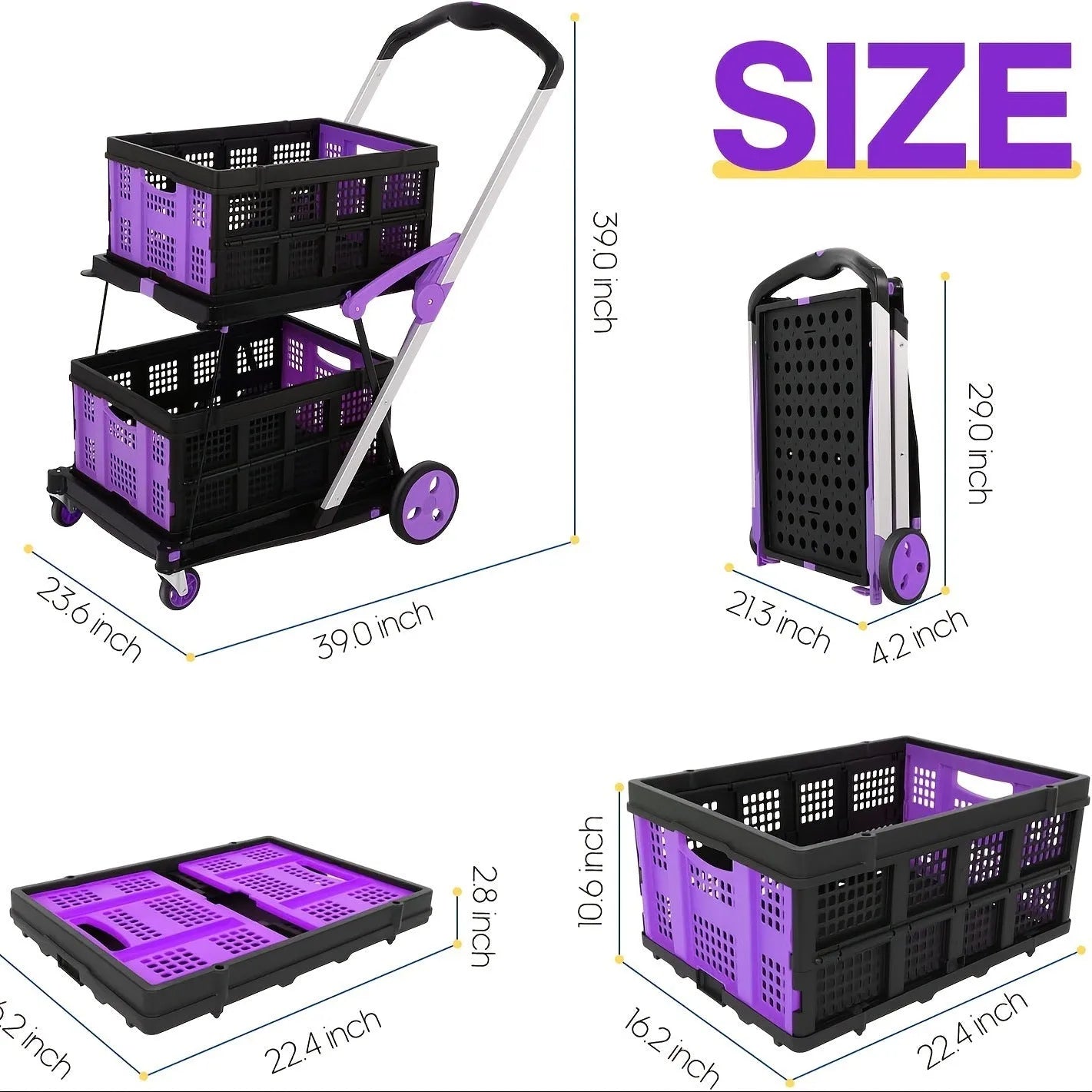 Blue foldable shopping cart with two plastic baskets and wheels, shown in an open, ready-to-use position.