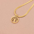 Stainless steel lucky tree pendant necklace on a snake bone chain, shown in gold and steel colour options.