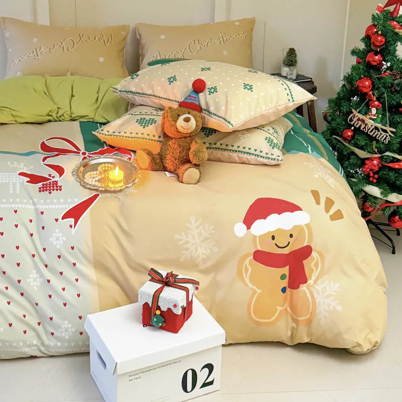 Cartoon printed super soft washed cotton chemical fibre four-piece bedding set on a bed.