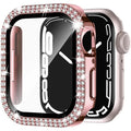 Apple Watch case with double diamond glass in rose pink, gold, silver, transparent, black, Starlight, and rose gold colours.