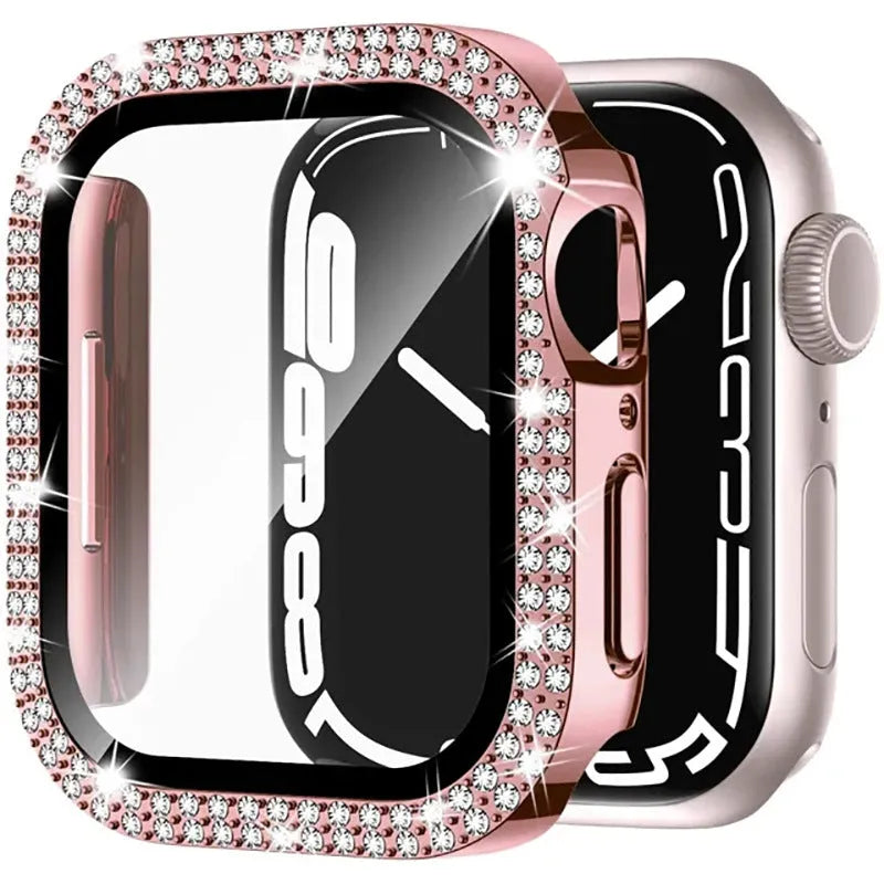 Apple Watch case with double diamond glass in rose pink, gold, silver, transparent, black, Starlight, and rose gold colours.