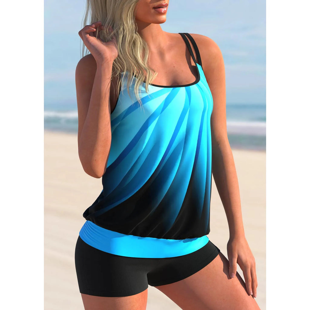 Women's plus size swimsuit set with butterfly print, featuring strapped top and matching shorts