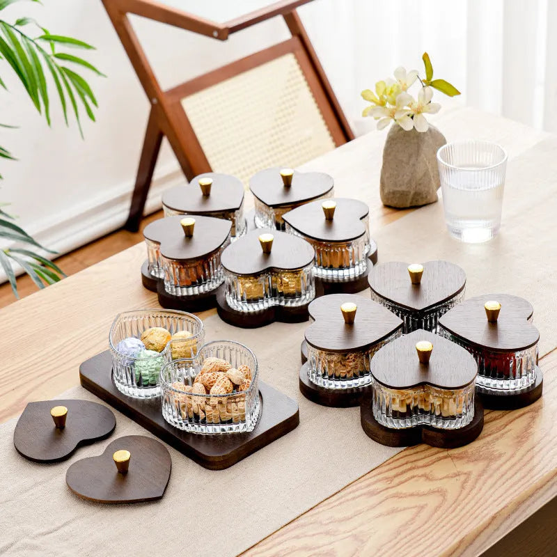 Glass snack platter with heart-shaped lids and multiple grid compartments in retro style