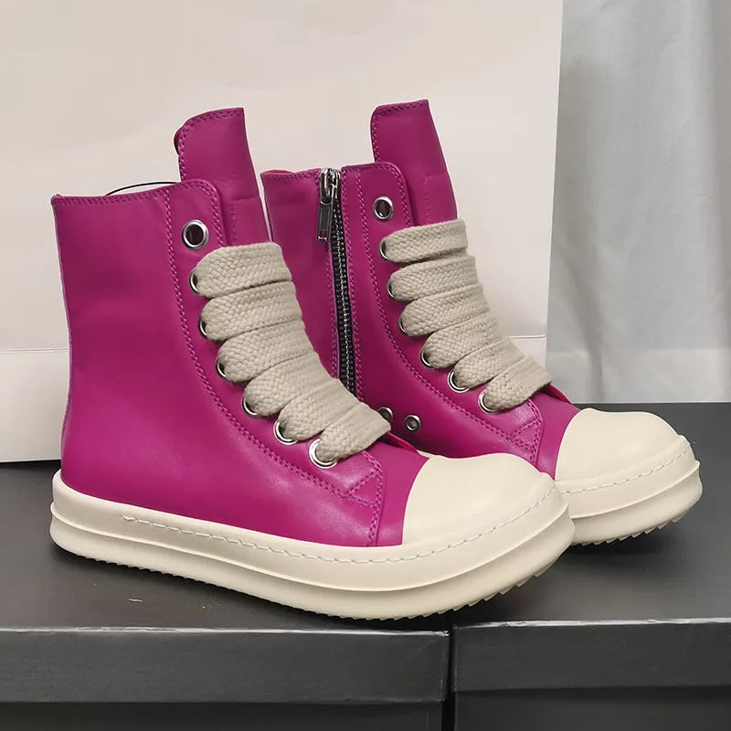 Black high-top leather boots with side zip and platform sole for men and women