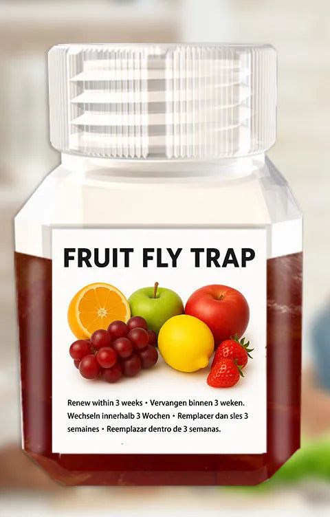 Bottle of fruit fly bait liquid with specification options for indoor pest control