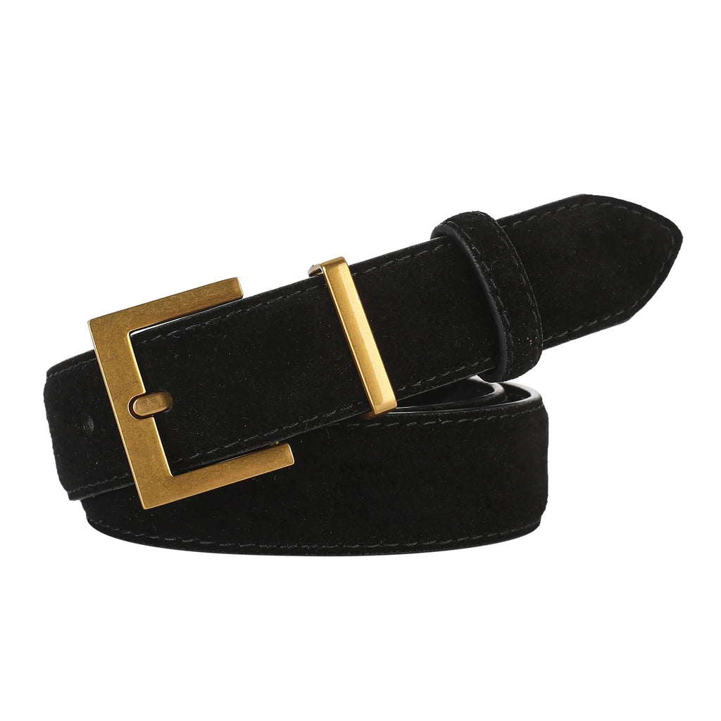 Ladies' leather belt with pin buckle fastening in genuine cowhide leather showing quadrilateral styling details