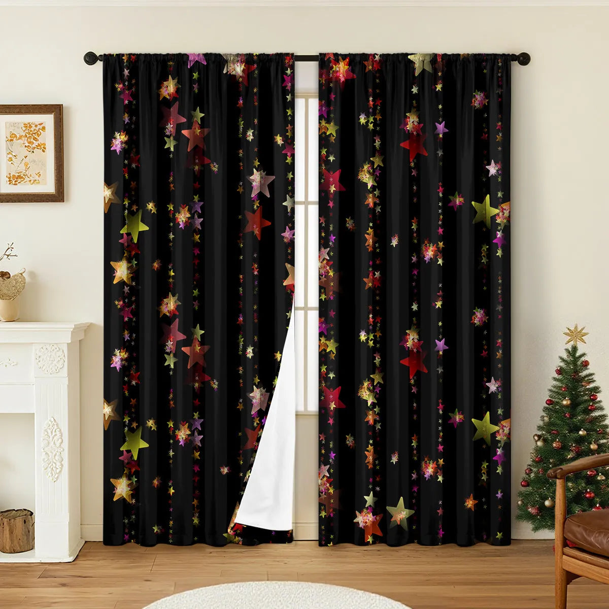 Pair of 3D digitally printed Christmas curtains in European style design on polyester fabric