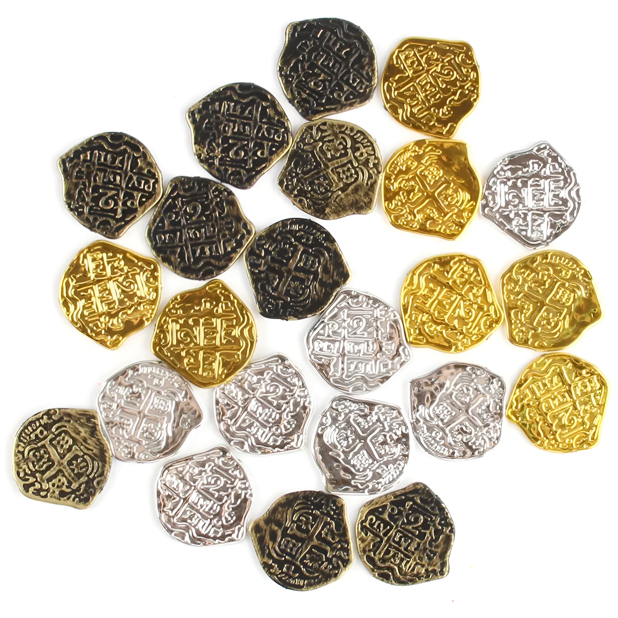 Plastic Roman coin replicas with electroplated bronze, gold or silver finish, 100 pieces per set