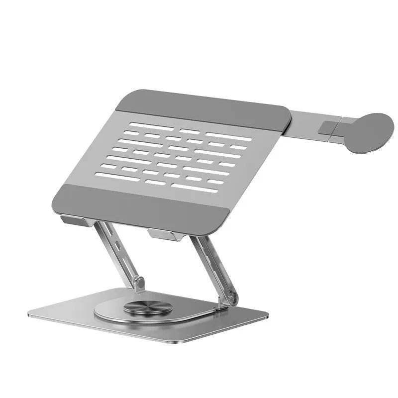 Silver carbon steel laptop stand with side-mounted magnetic phone holder rotated for viewing