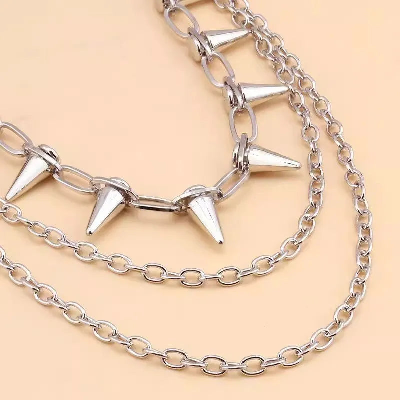 Silver metal pant chain with double layer design and rivet decoration for women's dark punk fashion