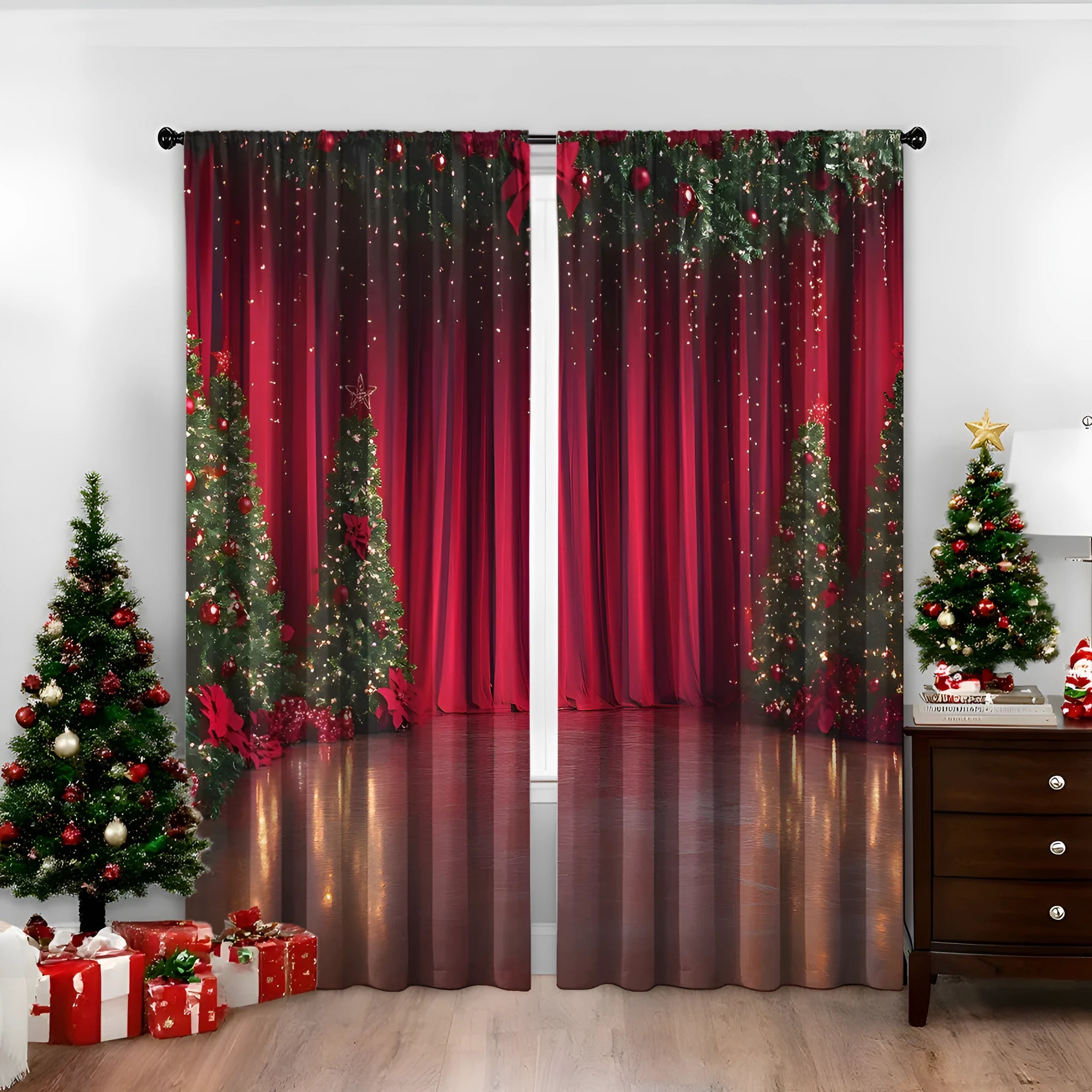 Pair of 3D digitally printed Christmas curtains in European style design on polyester fabric