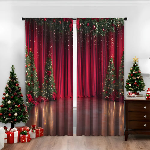 Pair of 3D digitally printed Christmas curtains in European style design on polyester fabric