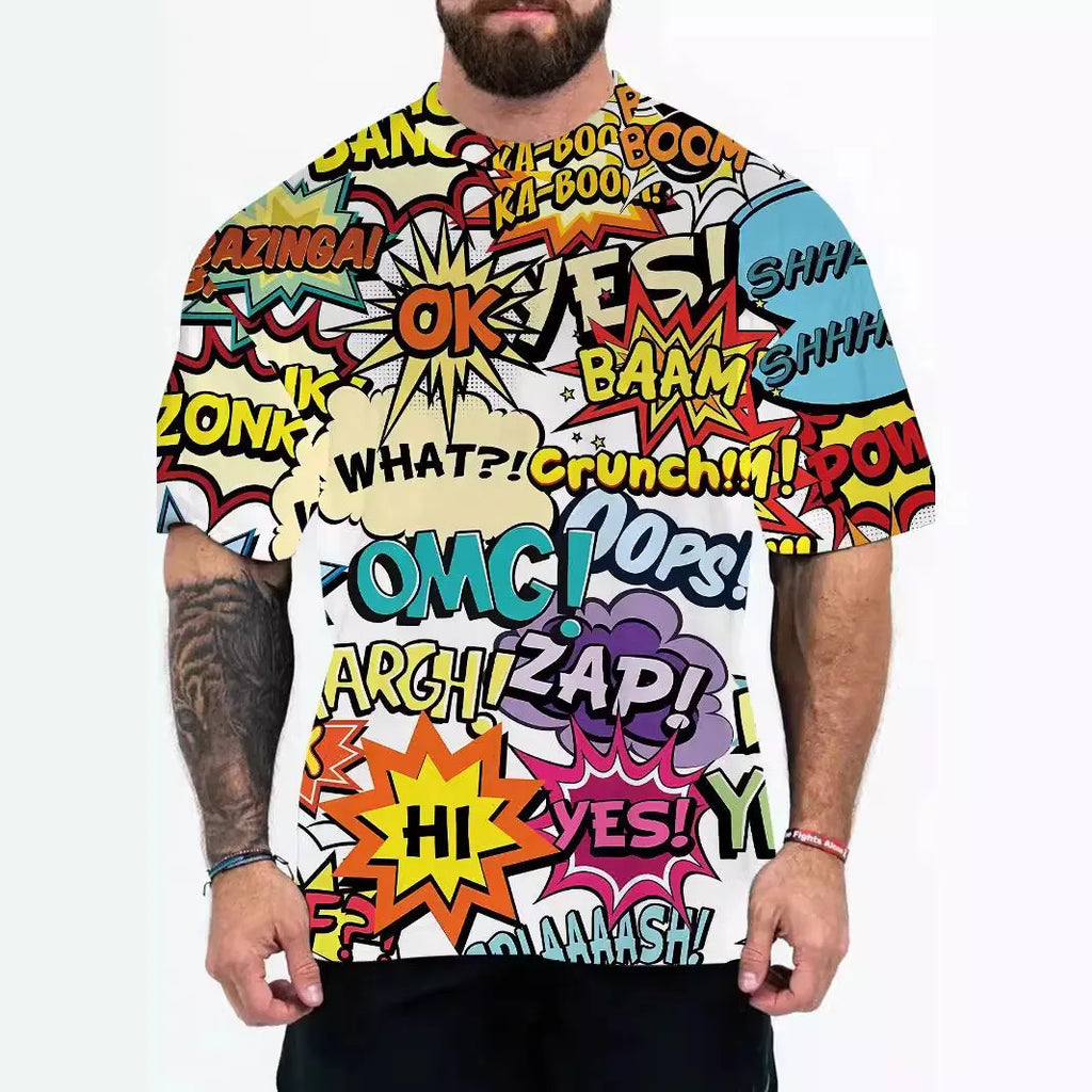Men's loose fit graphic t-shirt with coloured letters print on a mannequin, showing short sleeves.