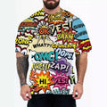 Men's loose fit graphic t-shirt with coloured letters print on a mannequin, showing short sleeves.
