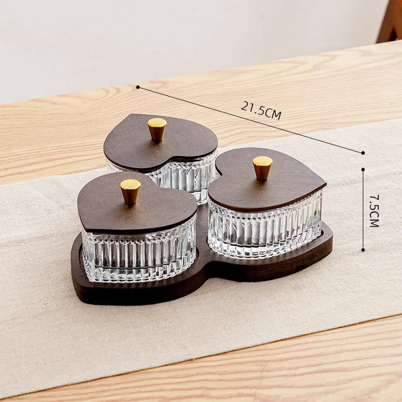 Glass snack platter with heart-shaped lids and multiple grid compartments in retro style