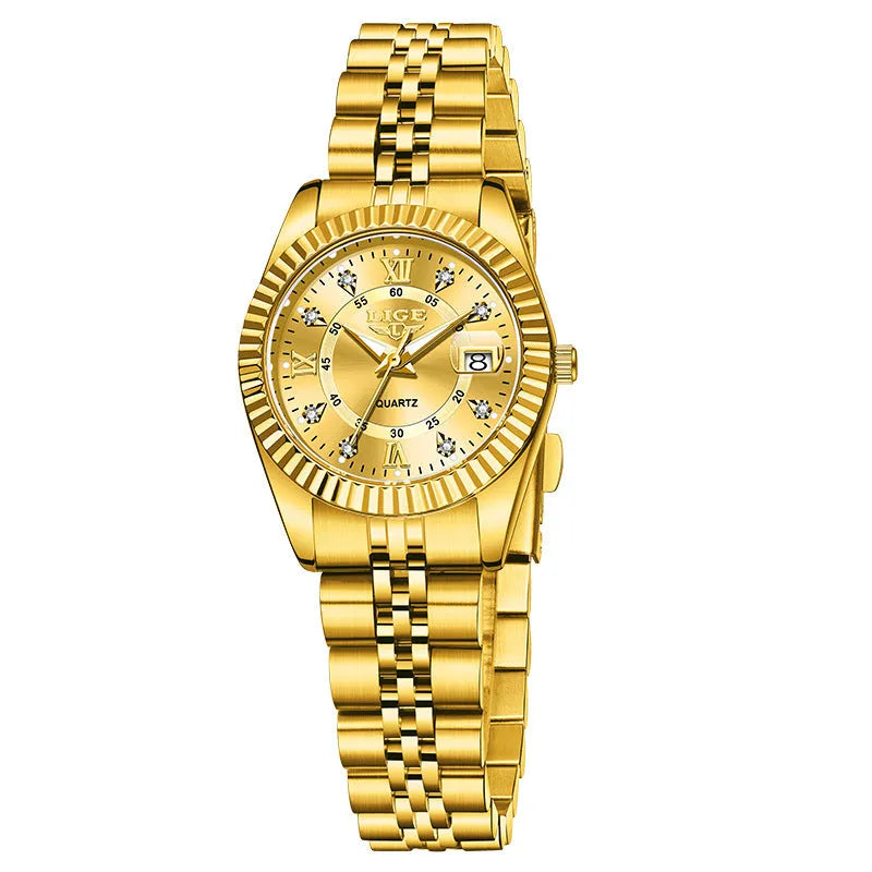 Ladies waterproof quartz fashion watch with 10mm thickness in gold and silver colour options